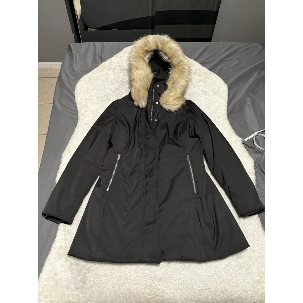 Zara‎ Womens Black Full Zip Parka Faux Fur Hoodie Jacket Size XL Coat